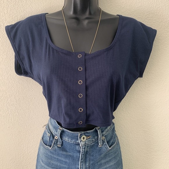 Mapale Navy Blue Snap Front Reversible Black Crop Top Women's Size Large - Picture 7 of 11